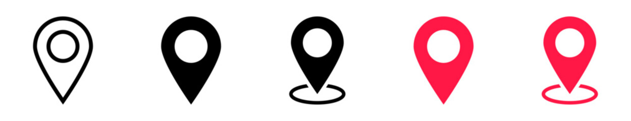 Map location pin icon set in outline and solid styles, GPS marker and geolocation symbol vector collection