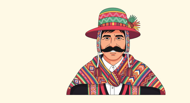 Smiling man wearing traditional Peruvian clothing with a colorful patterned poncho and a decorated hat with tassels and feathers.