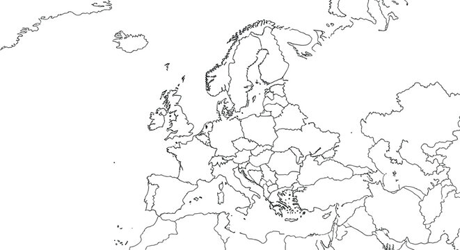Detailed outline map of the continent of Europe showing individual country borders and adjacent regions for educational purposes.