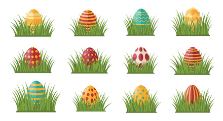 Colorful Easter eggs with different patterns and stripes hidden in patches of green grass for a traditional egg hunt.
