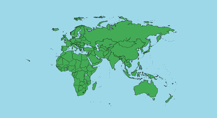 World map illustration showing continents in green on a blue background emphasizing geography and global connectivity.