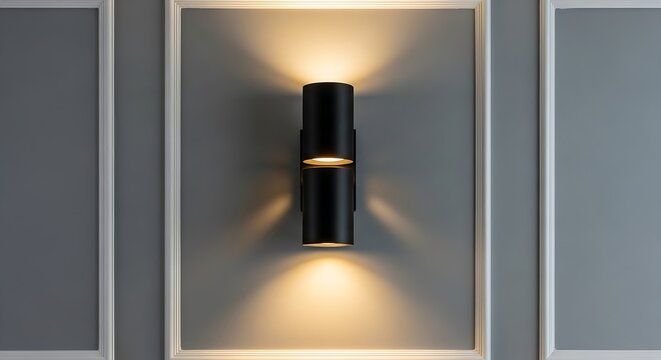 Minimalist black up-down wall light casting a soft golden radiance within a crisp white rectangular wall molding.