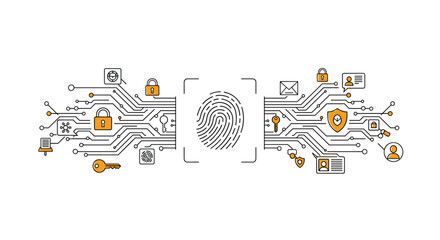 Concept of biometric security featuring a fingerprint scan center stage connected to a network of digital security icons and circuit lines.
