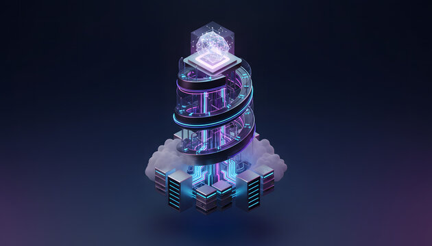 Futuristic spiral data tower with glowing ai floating core
