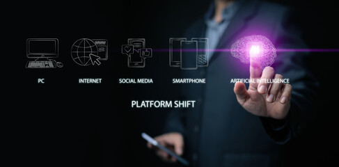 Technology platform shift. Businessman touching a glowing AI brain icon, evolving from PC, internet, social media, and smartphone to the era of artificial intelligence. Tech trend transition.