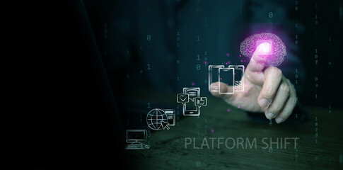 Technology platform shift. Man touches glowing AI brain icon, evolving through PC, internet, social media, and smartphone eras. Artificial intelligence, tech trend transition, digital transformation