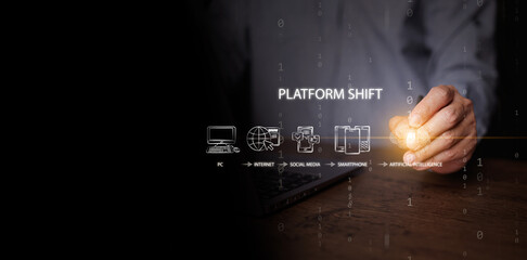 Technology platform shift concept. Man with laptop using stylus pen on an AI brain icon with a timeline from PC to the artificial Intelligence era. Tech trend transition and digital transformation.