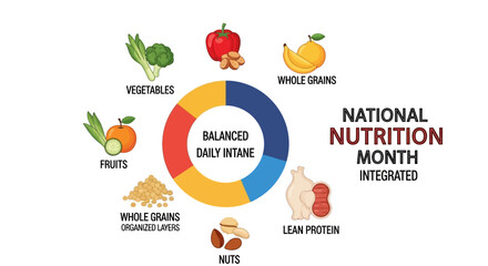 Infographic design for National Nutrition Month featuring a balanced daily intake pie chart with food groups on a clean background.