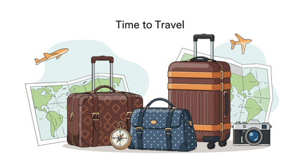 Travel themed composition featuring vintage suitcases, a compass, a camera, maps, and paper airplanes with the text time to travel.