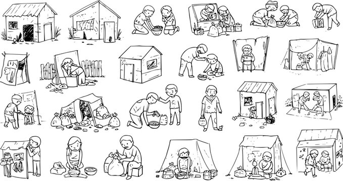 Hand-drawn black and white illustrations depicting various scenes of poverty and homelessness, showing struggling children and families in makeshift shelters, scavenging, and facing hardship.