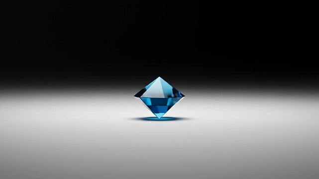 Blue rhomboid diamond casts a sharp shadow against a blurred gray background