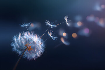 Fototapeta premium Magical macro photo of a glowing dandelion with fluffy seeds blowing in the wind against a dreamy dark blue bokeh background.