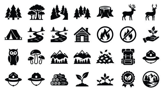 A comprehensive collection of black and white icons representing various elements of nature, wildlife, and outdoor activities.