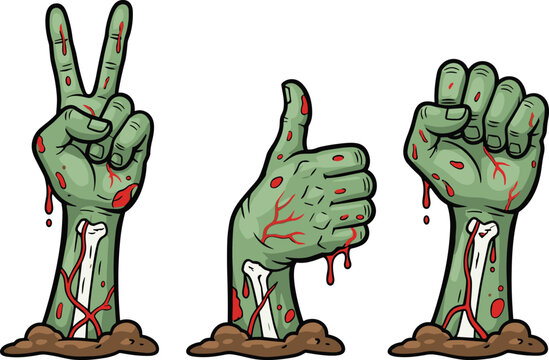 Zombie hands rising from ground showing peace thumbs up and fist gestures horror cartoon vector illustration set