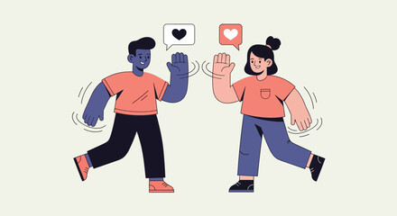 Illustration of people interacting with social media notifications and likes in a lively digital environment from a modern viewpoint