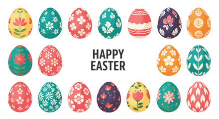 Happy Easter text banner framed by a colorful array of floral and patterned eggs for holiday celebration and greeting cards.