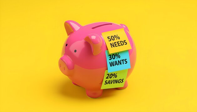 Pink piggy bank representing financial planning and budgeting with sticky notes showing the popular 50 percent needs 30 percent wants and 20 percent savings rule isolated on bright yellow background