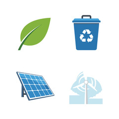 Eco-friendly Icons - Leaf, Recycling Bin, Solar Panel, Wind Turbine.