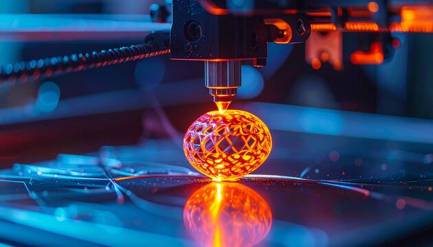 Close up of a 3d printer nozzle extruding glowing neon filament, creating 