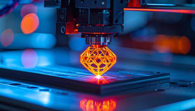 Close up of a 3d printer nozzle extruding glowing neon filament, creating 