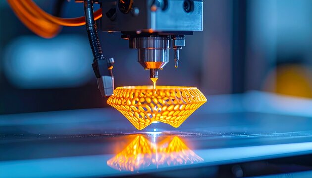 Close up of a 3d printer nozzle extruding glowing neon filament, creating 