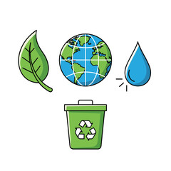 Environmental Icons - Earth, Leaf, Water Drop, and Recycling Bin.