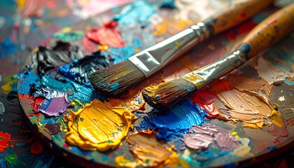 Obraz premium painter's palette with thick oil paint textures and brushes, 