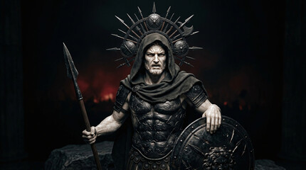 Fototapeta premium A grim warrior in dark armor stands with a spear and shield, wearing a hooded cloak and a spiky halo against a fiery background.