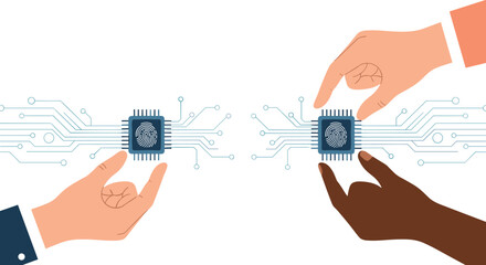 Abstract technology concept showing diverse hands interacting with microchips and fingerprint scanners connected by digital circuit lines.