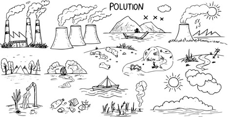 Hand-drawn doodle set illustrating various forms of environmental pollution: air from factories, water contamination, and land waste, depicting ecological problems and dirty nature.