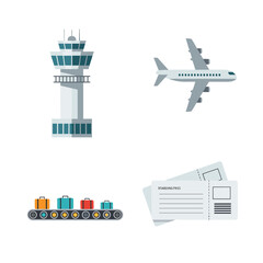 Airport Icons - Control Tower, Airplane, Luggage Belt, Tickets.