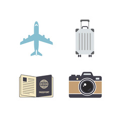 Travel Icons Set Airplane Suitcase Passport Camera.
