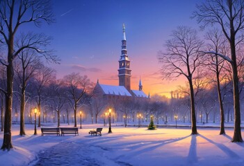 Obraz premium Magical winter dawn in a city park with street lamps