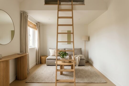 Modern studio living room with loft ladder and neutral Scandinavian decor