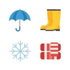 Set of Four Weather Icons - Umbrella, Boots, Snowflake, Scarf.