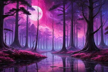 Enchanting purple galaxy over a mystical forest and lake reflection