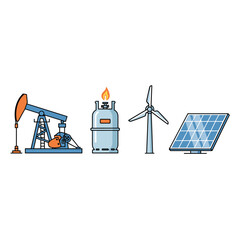Diverse Energy Sources - Oil, Gas, Wind, and Solar Power Icons.