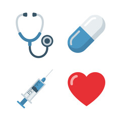 Medical Icons Set Stethoscope Syringe Pill and Heart.