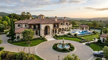 Obraz premium Mediterranean style villa, with a central water fountain and tile roof, surrounded by lush greenery, in an affluent neighborhood, real estate photography