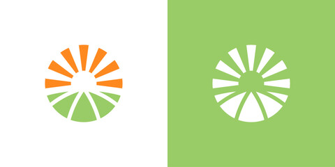 Dual meaning logo combining sun and farm elements, symbolizing renewable energy, sustainable agriculture, natural growth, productivity, and a bright future rooted in eco-friendly farming innovation. ©  Jagat_Aji