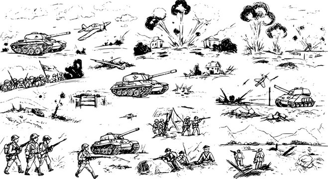 World War II Battle Scene: Tanks, Planes, Soldiers, and Explosions in a Hand-Drawn Sketch Style