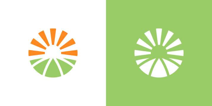 Dual meaning logo combining sun and farm elements, symbolizing renewable energy, sustainable agriculture, natural growth, productivity, and a bright future rooted in eco-friendly farming innovation.
