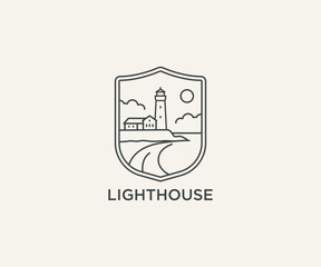 Obraz premium Seaside lighthouse emblem badge logo design. Simple linear illustration of beacon at the edge of the sea symbol logo sign