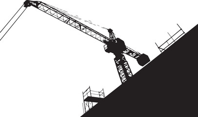 Black silhouette of construction crane on building