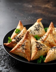 Golden Savory Pastries with Sesame Seeds and Fresh Parsley on a Dark Plate