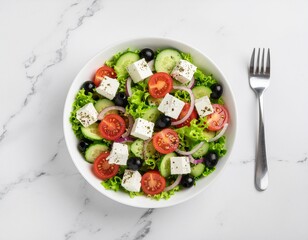 Fresh and Delicious Greek Salad Bowl with Feta Cheese and Crisp Vegetables on Marble Background
