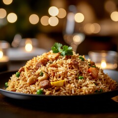 Flavorful Chicken and Vegetable Fried Rice Served in a Warm and Inviting Setting