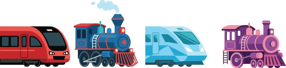 Collection of Trains Showing Steam Locomotive, Modern Passenger and High Speed Rail Transport Vector IllustrationCollection of Trains Showing Steam Locomotive, Modern © Moslama