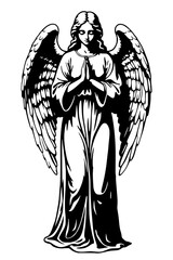 Naklejka premium black vector illustration of a praying angel. This solemn religious graphic features a winged celestial figure in a flowing robe with hands clasped in prayer, ideal for spiritual, memorial
