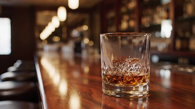 Glass of amber whiskey resting on a polished bar counter in a dimly lit lounge